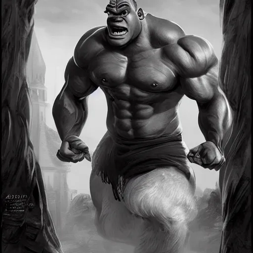 Image similar to black and white muscular shrek has beard, highly detailed, digital painting, artstation, concept art, smooth, sharp focus, illustration, art by artgerm and greg rutkowski and alphonse mucha