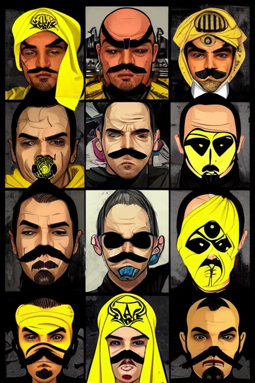 Image similar to gang saints wear yellow bandanas, and some of them have thick mustaches, concept art, pop art style, dynamic comparison, proportional, bioshock art style, gta chinatowon art style, hyper realistic, face and body features, without duplication noise, complicated, sharp focus, intricate, concept art, art by artgerm, mimmo rottela,