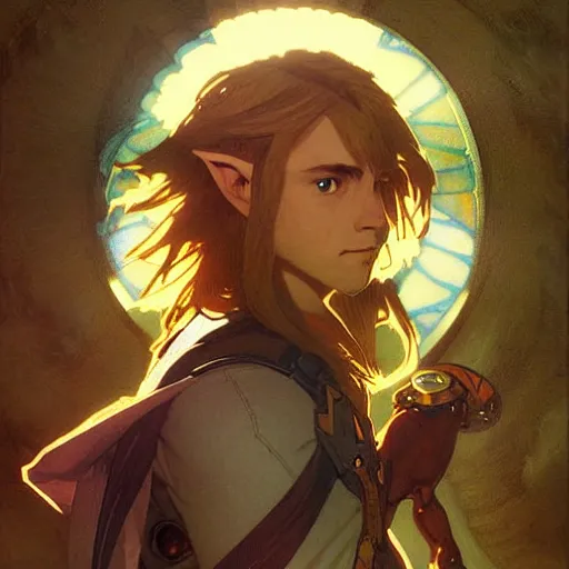 Image similar to Stunning portrait of a young Link from the Legend of the Zelda. Art by Greg Rutkowski and Alphonse Mucha