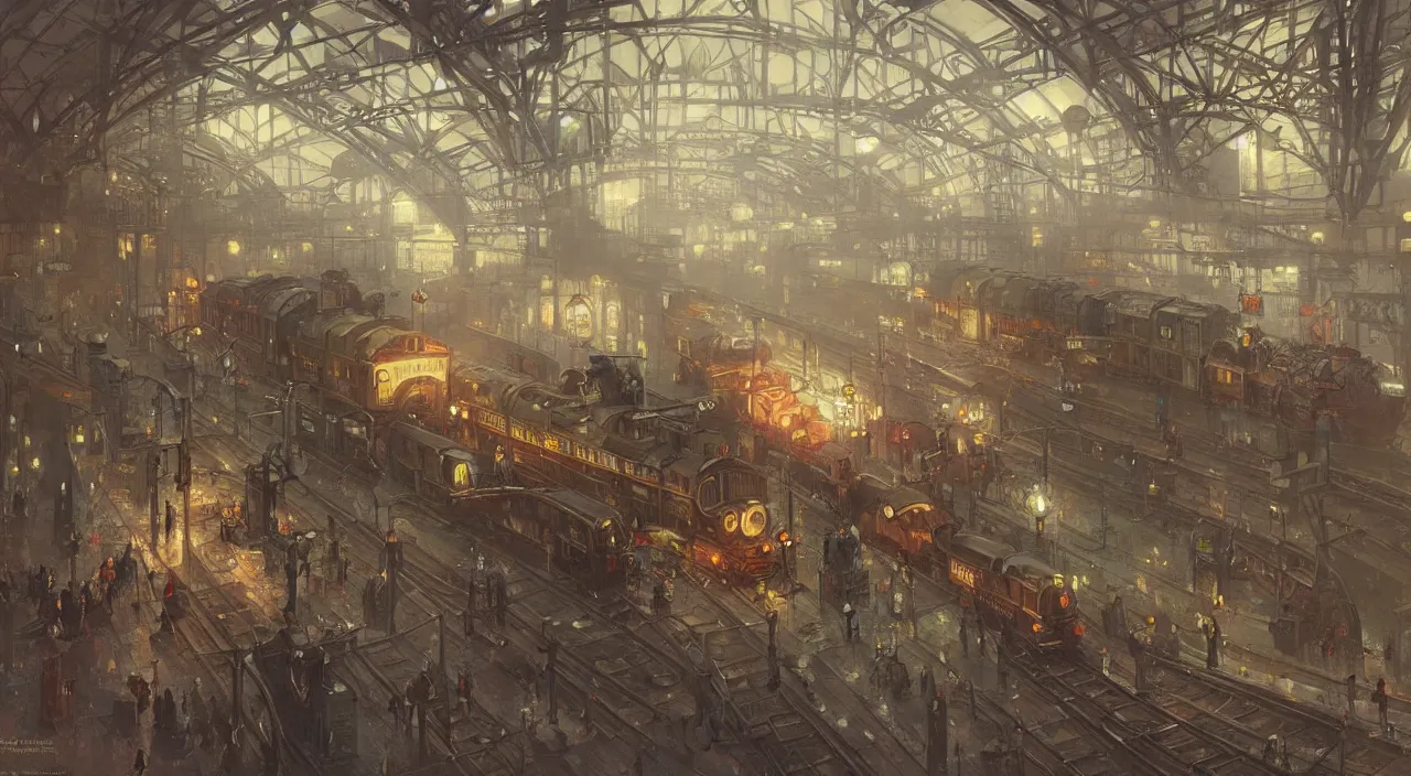 Prompt: subway station with an arriving steam train, highly detailed, digital painting, artstation, concept art, smooth, sharp focus, steampunk style, illustration, art by greg rutkowski and alphonse mucha