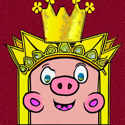 Image similar to 2d cartoon happy pig wearing a gold crown in the style of joe tamponi