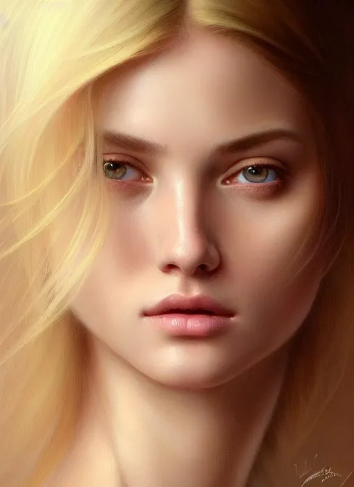 Prompt: beautiful face! portrait of young woman blessed with ever - increasing physical and mental perfection, realism, blonde hair, perfect face!! intricate, elegant, highly detailed, vision of holy perfection!! digital painting, artstation, concept art, smooth, sharp focus, illustration, humanity, art by artgerm and greg rutkowski and alphonse mucha