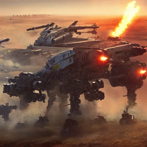 Prompt: an ultra - detailed realistic cinematic shot of an mech fighting it's final battle against an onslaught of explosions on the plains of the american midwest, mechwarrior, hyper realism, highly detailed, art, 8 k