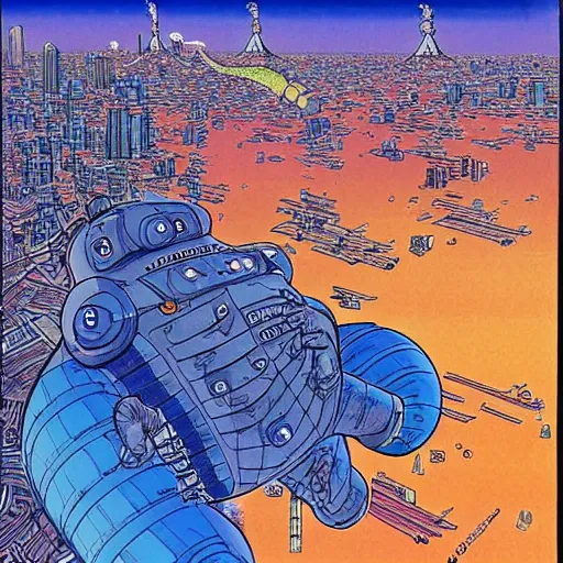 Image similar to a giant tardigrade attacking tokyo, by jean giraud