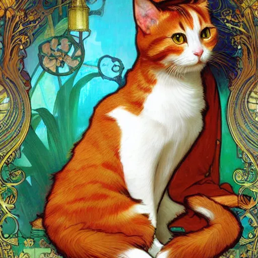 Image similar to portrait of a calico cat, calico cat, animal, cat masterpiece, sakimichan, Ross Tran, Alphonse Mucha