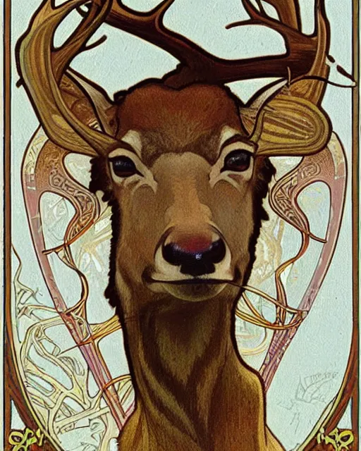 Image similar to an art nouveau painting of a deer with antlers, highly detailed, intricate, artstation, by alphonse mucha and james gurney