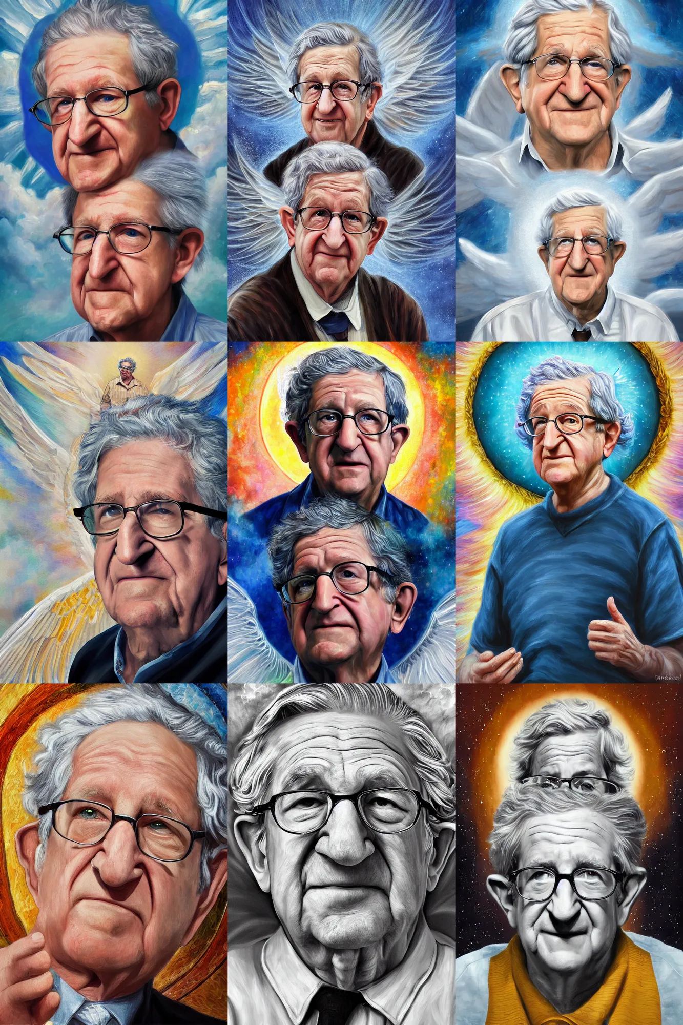 Prompt: a highly detailed painting of noam chomsky as an angelic god in the heavens, trending on arstation, digital painting, hd, 4 k