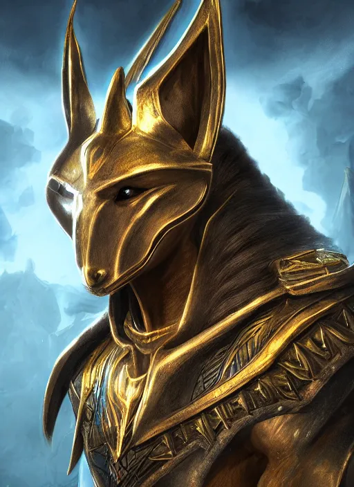 Image similar to anubis, ultra detailed fantasy, elden ring, realistic, dnd character portrait, full body, dnd, rpg, lotr game design fanart by concept art, behance hd, artstation, deviantart, global illumination radiating a glowing aura global illumination ray tracing hdr render in unreal engine 5