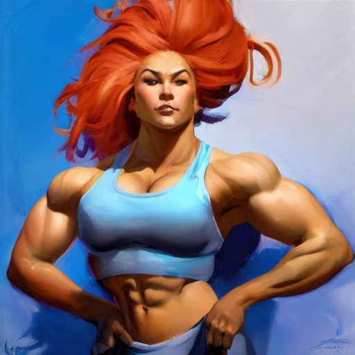 Prompt: greg manchess portrait of thick muscular weightlifter zarya from overwatch with ponytail and blond hair sleeping on bed, medium shot, asymmetrical, profile picture, organic painting, sunny day, matte painting, bold shapes, hard edges, street art, trending on artstation, by huang guangjian and gil elvgren and sachin teng