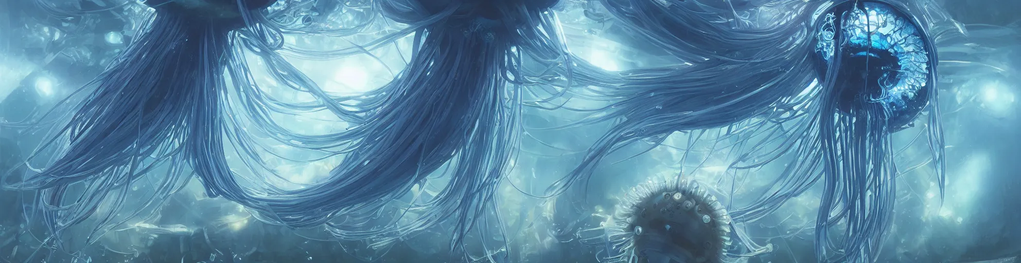 Image similar to Panorama hyper detailed painting of a cyberpunk jellyfish, blue tones, underwater, 8 mm, highly detailed, digital painting, artstation, concept art, smooth, sharp focus, illustration, art by artgerm and greg rutkowski and alphonse mucha