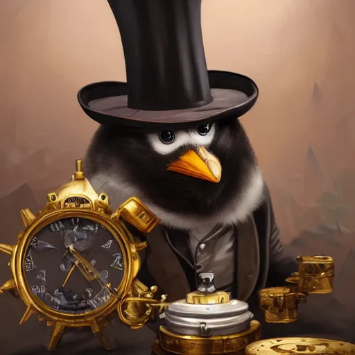Image similar to oil painting of grumpy rich steampunk penguin, wearing top hat, holding gold watch, steampunk factory background, hamster running in the background, sharp focus, fantasy style, octane render, volumetric lighting, 8k high definition, by greg rutkowski, highly detailed, trending on art Station, magic the gathering artwork, centered