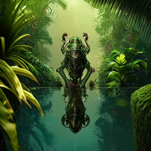 Prompt: creature in a lush tropical vegetation, water reflection, night, backlit : : by michal karcz, daniel merriam, victo ngai and guillermo del toro : : ornate, dynamic, particulate, intricate, elegant, highly detailed, centered, artstation, smooth, sharp focus, octane render, 3 d