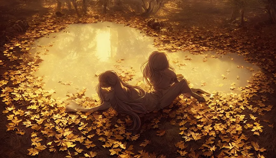 Image similar to golden leaves at frame border, creative!!! composition for a book cover!!!, absurdly beautiful, ultrafine hyperrealistic detailed moon by wlop and artgerm and greg rutkowski, intricate linework, sharp focus, smooth, octopath traveler, final fantasy, unreal engine, dramatic lighting, ethereal, 8 k