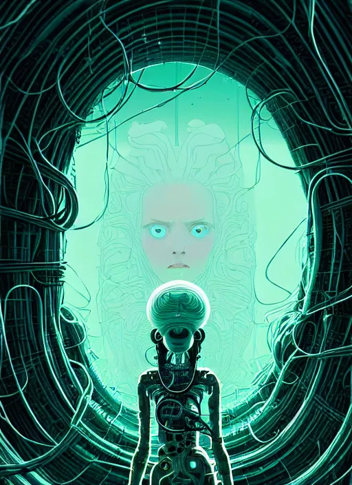 Image similar to highly detailed portrait of a biopunk long curly white hair tribal lady, stray wiring by atey ghailan, james gilleard, by joe fenton, by greg rutkowski, by greg tocchini, by kaethe butcher, 4 k resolution, gradient green, black and white color scheme!!! ( ( irradiated robotic cavern background ) )