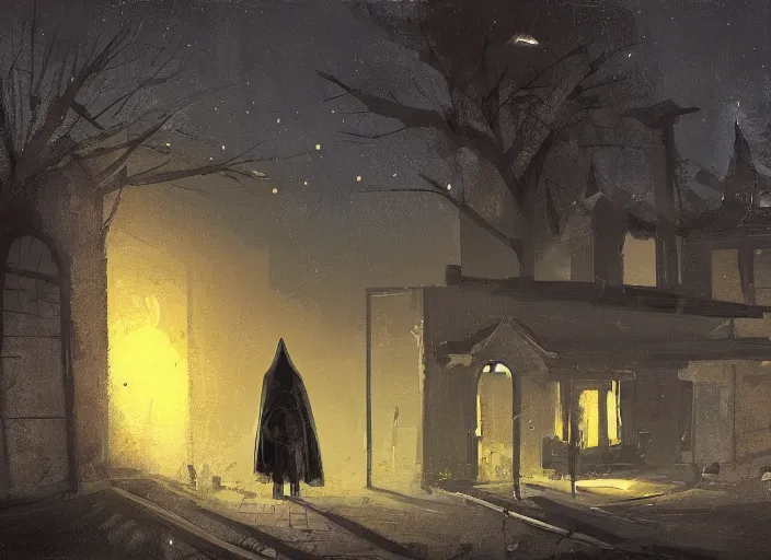 Image similar to A hooded figure approaches an abandoned tavern on a moonlit night, Ismail Inceoglu and Marius Borgeaud