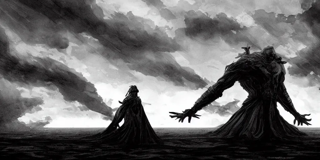 Prompt: in the black storm, a giant colossus, on a darkling plain, drawn by nicholas delort and jean gireaud, graphic black and white, low camera, wide angle, centered composition, golden ratio