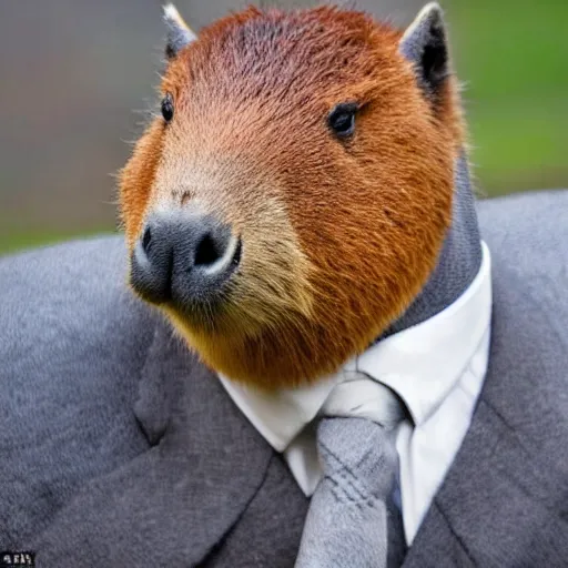 Image similar to a high detail photo of an antropomorphic capybara wearing a suit, subject= duck, subject detail: wearing a suit, photorealism