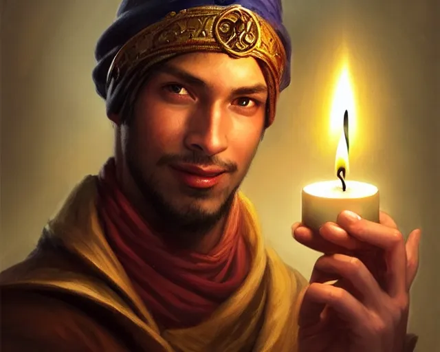 Image similar to a mind - blowing portrait of a fortune seeker male, holding a candle, wearing a sleeping cap, joyful, d & d, fantasy, intricate, elegant, highly detailed, digital painting, artstation, concept art, matte, sharp, illustration, hearthstone, art by artgerm and greg rutkowski and alphonse mucha