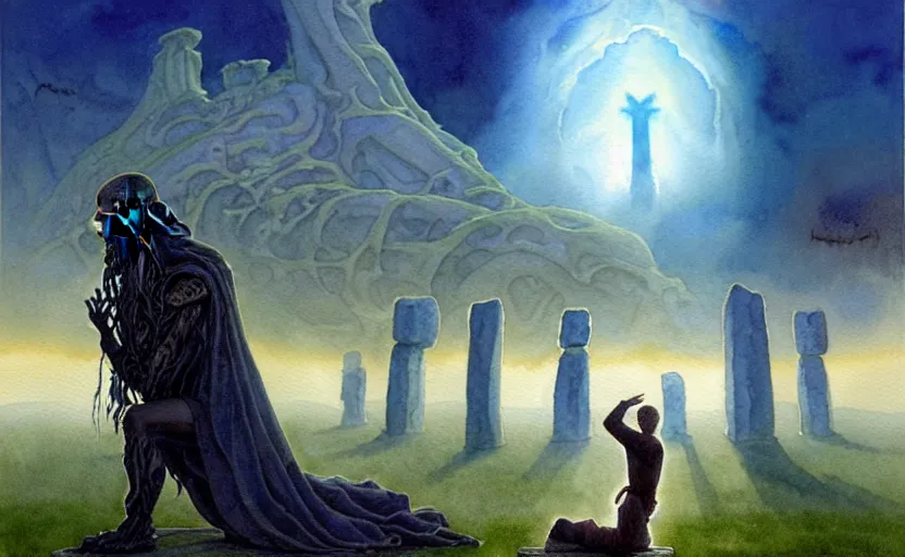 Image similar to a hyperrealist watercolour character concept art portrait of a pagan worshipper kneeling down in prayer in front of a tall elegant lovecraftian alien on a misty night in stone henge. a battlecruiser starship is in the background. by rebecca guay, michael kaluta, charles vess and jean moebius giraud