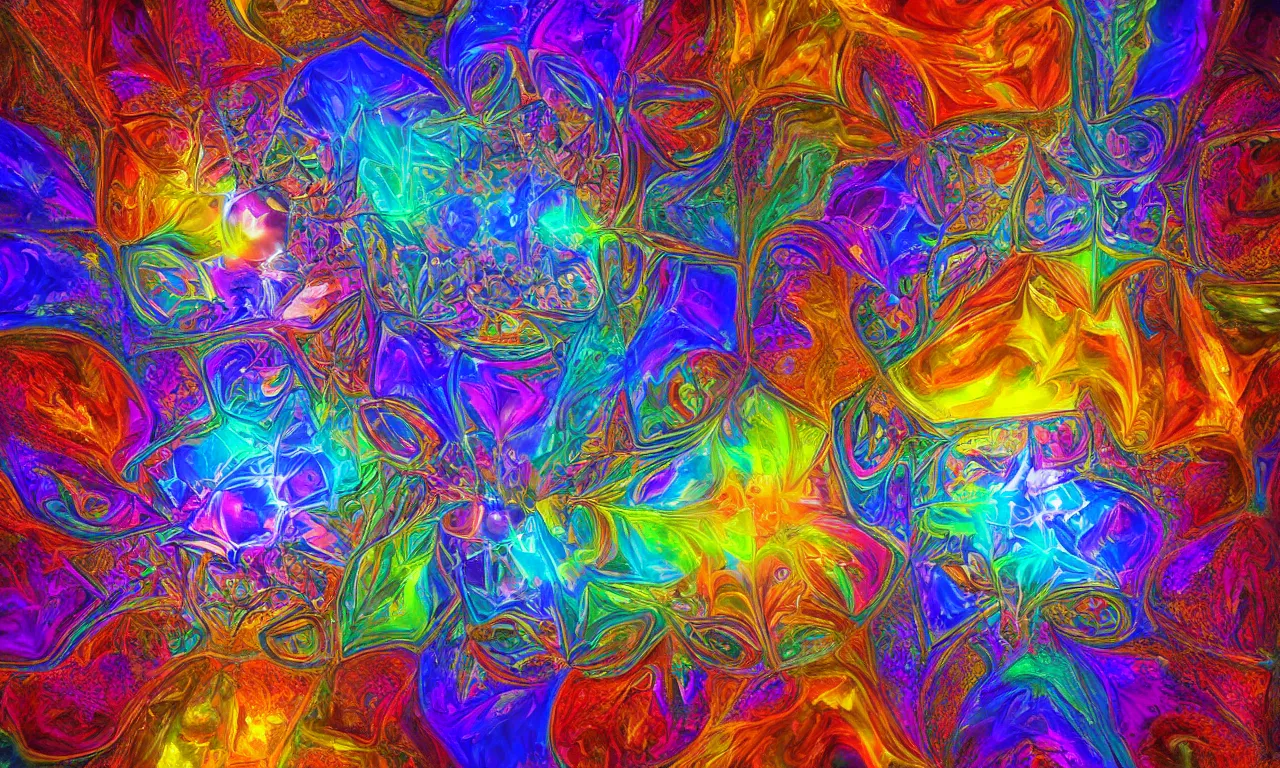 Image similar to acrylics blob voronoi engine laboratory 3 d volume kaleidoscope mandala fractal chakra digital multicolor stylized concept substance liquid nebula stone, a spectacular view cinematic rays of sunlight comic book illustration, by john kirby radiating a glowing aura global illumination ray tracing hdr depth fog overlay multiply photoshop layer