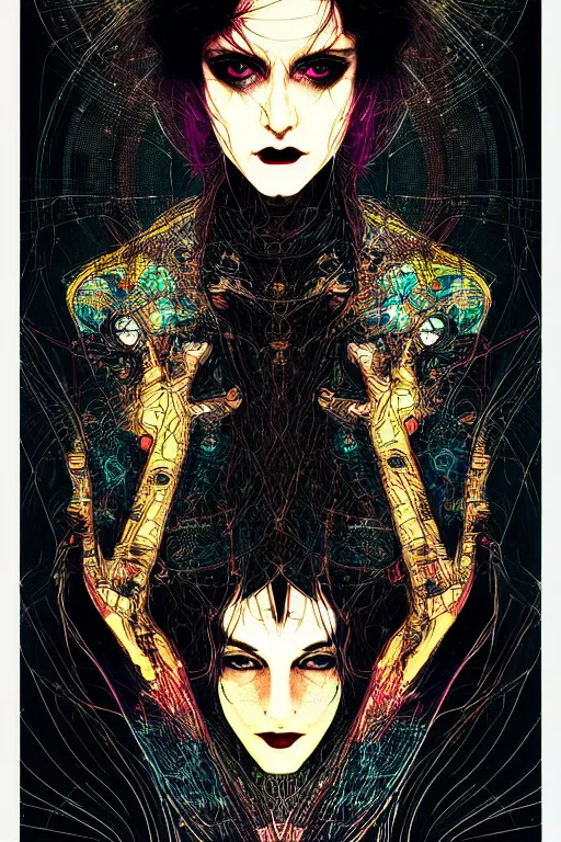 Image similar to dreamy cyberpunk girl, abstract black leather, digital nodes, beautiful woman, detailed acrylic, grunge, intricate complexity, by dan mumford and by harry clarke, peter lindbergh