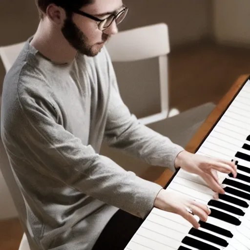 Image similar to a nerd playing the piano, visible music notes in the air, dreamlike, mysterious, professional, realistic