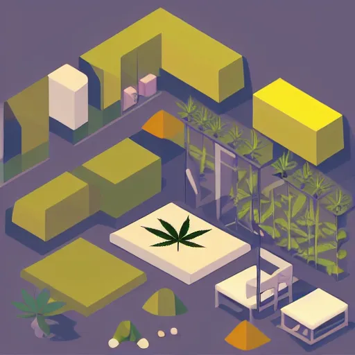 Prompt: room of cannabis flat colors isometric vector illustration minimalist by earle, eyvind render in octane
