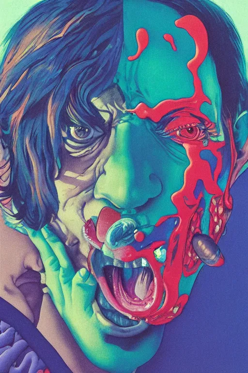 Prompt: a colorful vibrant closeup portrait of a Rolling Stones licking a tab of LSD acid on his tongue and dreaming psychedelic hallucinations, by kawase hasui, moebius, Edward Hopper and James Gilleard, Zdzislaw Beksinski, Steven Outram colorful flat surreal design, hd, 8k, artstation