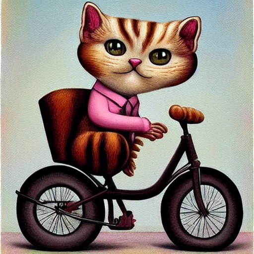 Prompt: cat on a triciycle, lowbrow painting by mark ryden