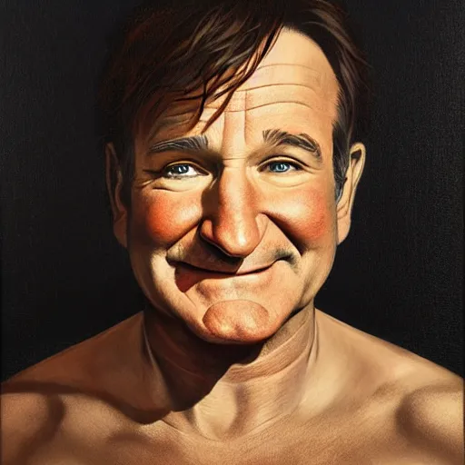 Image similar to portrait of a Robin Williams, staring at you, black background, curious eyes, by Anato Finnstark, Tom Bagshaw, Brom