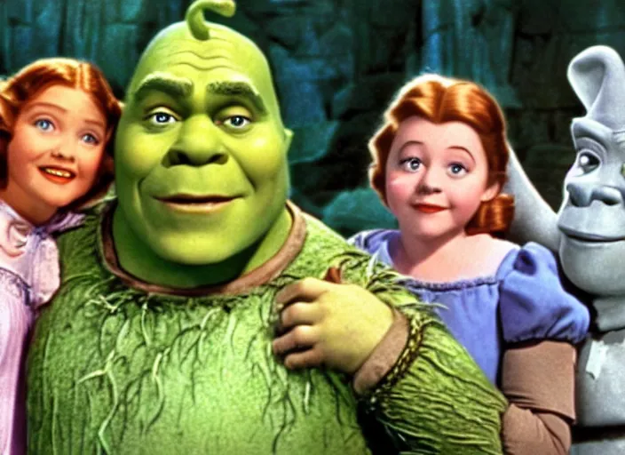 Prompt: a film still of shrek in the wizard of oz ( 1 9 3 9 ), technicolor