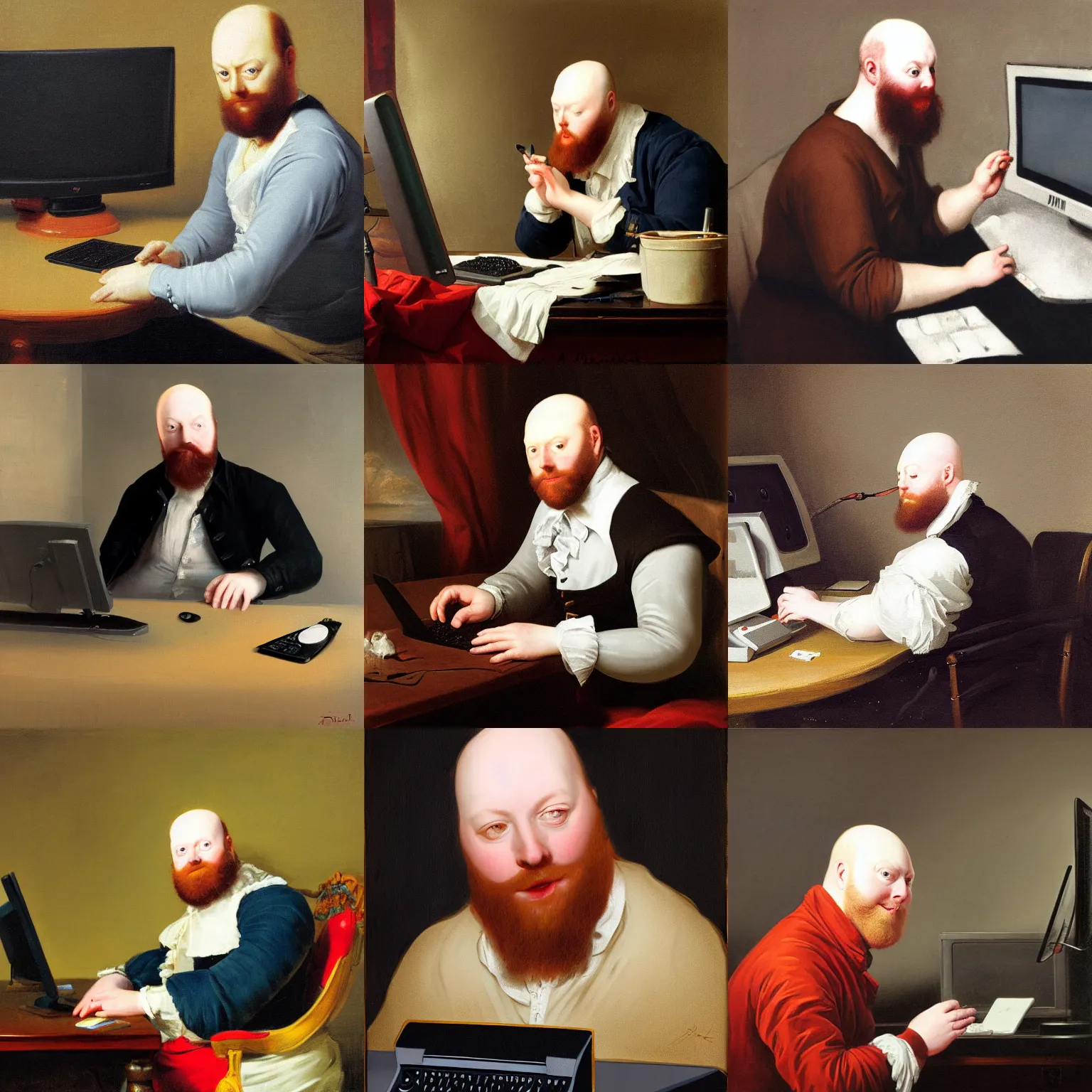 Prompt: playful portrait of angriestpat using a desktop computer by joseph ducreux