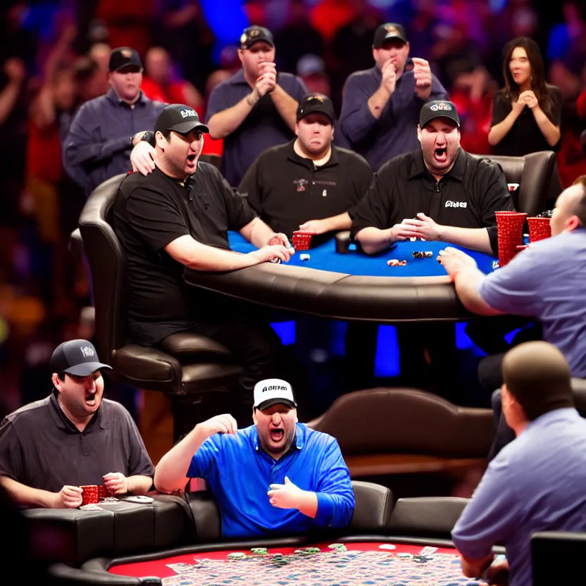 Prompt: studio professional photo of phil hellmuth giving a tantrum in the world series of poker final table, wide angle lens, cheering crowd, cameras, cable news, 3 5 mm, canon, sharp focus, centered shot at the table, breathtaking, groundbreaking, award winning, superb, cinematic, 4 k, high resolution, hyper realist, intricate, ultra detailed, rich moody colors