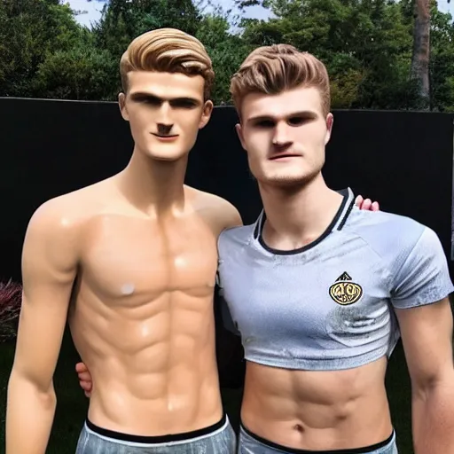 Image similar to a realistic detailed photo of a guy who is an attractive humanoid who is half robot and half humanoid, who is a male android, soccer players martin ødegaard & timo werner, shiny skin, posing like a statue, blank stare, by the pool, on display, showing off his muscles, gold soccer shorts, no jersey, statue, many copies of them