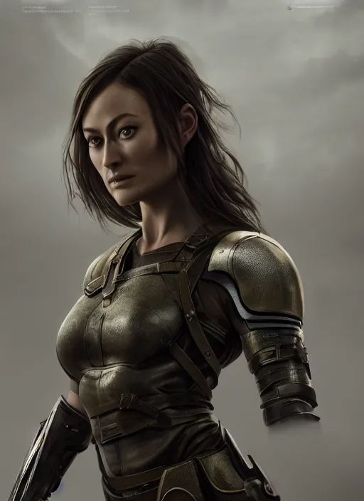 Image similar to a Photorealistic dramatic hyperrealistic render of a young Olivia Wilde, clothed in military armor, olive skin, long dark hair, beautiful bone structure, symmetrical facial features, intricate, elegant, Beautiful dynamic dramatic dark moody lighting, shadows, cinematic atmosphere, Artstation, concept art, Octane render, 8K