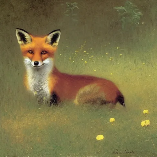 Prompt: A portrait of a fox in a straw hat surrounded by dandelions, by William-Adolph Bouguereau, Robert Cleminson, Carl Friedrich Deiker