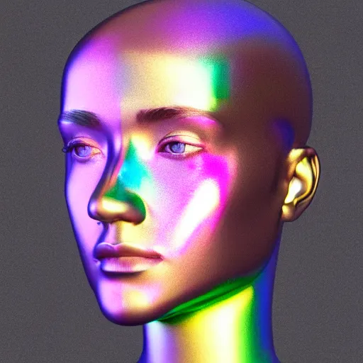 Image similar to 3d render of holographic human robotic head made of glossy iridescent, surrealistic 3d illustration of a human face non-binary, non binary model, 3d model human, cryengine, made of holographic texture, holographic material, holographic rainbow, concept of cyborg and artificial intelligence