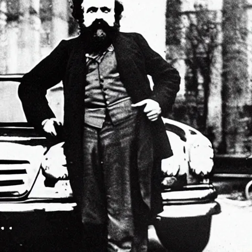 Image similar to karl marx standing by his gold mercedes