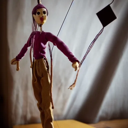 Prompt: a real person on marionette strings