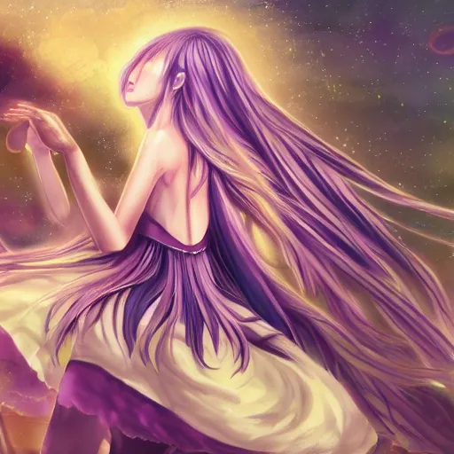 Prompt: digital painting of a long hair anime lady ELF dancing in the moonlight l Trending on Pixiv