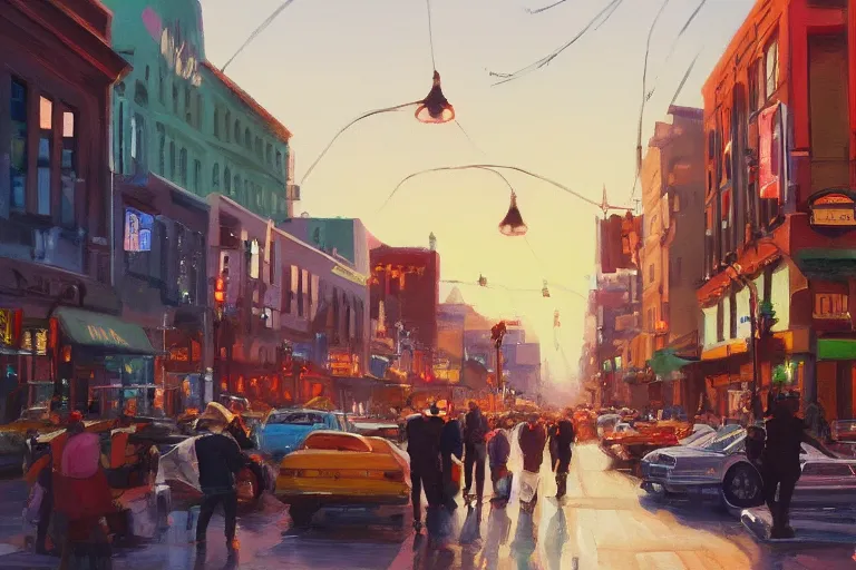 Image similar to beautiful color painting of a busy downtown street, repair shop, trending on artstation