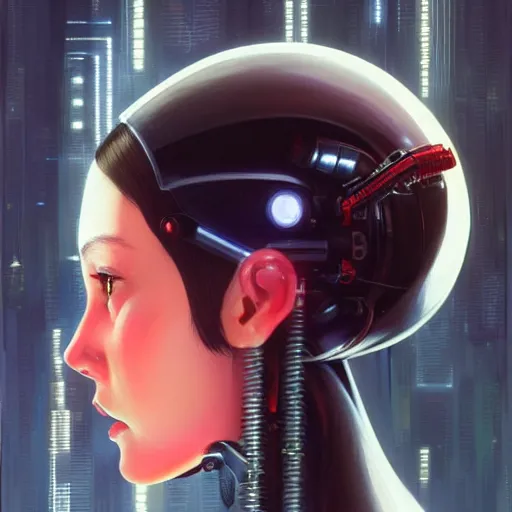 Prompt: A cyborg girl with big and cute eyes, fine-face, realistic shaded perfect face, fine details. red, black and white robotic parts. realistic shaded lighting poster by Ilya Kuvshinov katsuhiro otomo ghost-in-the-shell, magali villeneuve, artgerm, Jeremy Lipkin and Michael Garmash, Rob Rey and Kentarõ Miura style, trending on art station