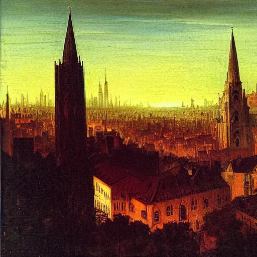 Image similar to city, church, night, dramatic light, oil painting, by caspar david friedrich