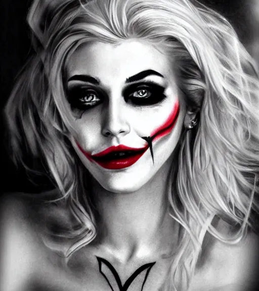 Image similar to ! dream tattoo design sketch of a beautiful blonde girl portrait with joker makeup, in the style of den yakovlev, realistic face, black and white, realism tattoo, hyper realistic, highly detailed