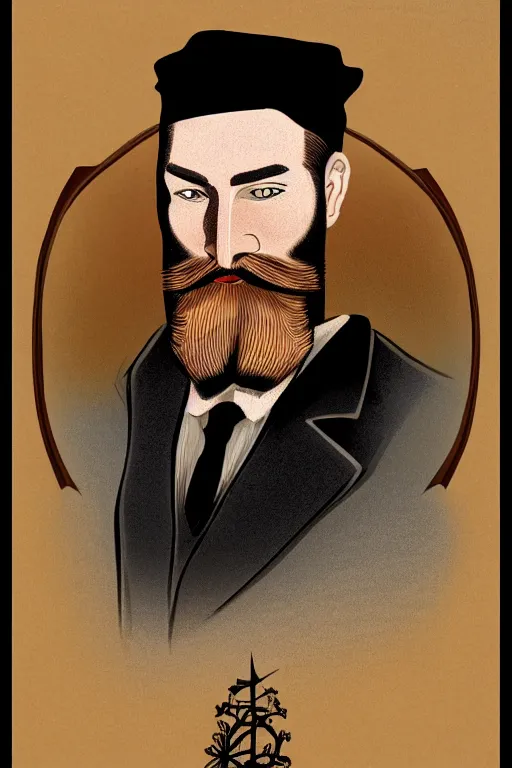 Image similar to an illustration of a portrait of a respectable dignified 1 9 3 0's era mennonite preacher with kind eyes and trimmed red beard and conservative haircut in the style of art - deco artwork art by kyle ferrin and loish!, digital art, highly detailed, intricate, sharp focus, trending on artstation hq, deviantart, 4 k uhd image