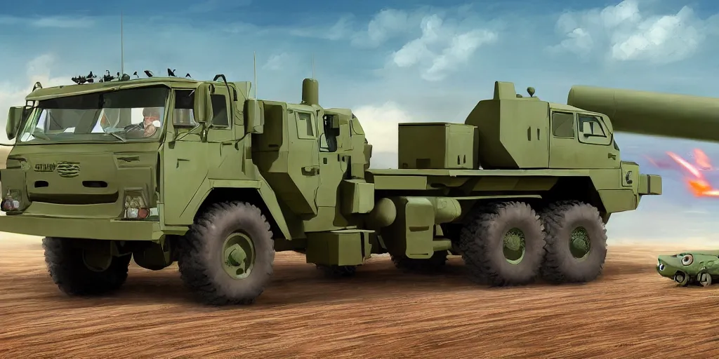 Image similar to HIMARS with missile, eyes and smile, Cars Pixar movie style, detailed, green, digital art