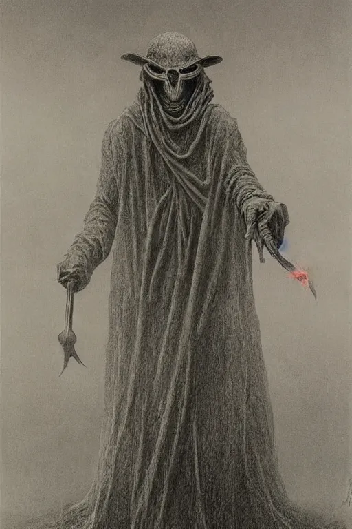 Image similar to plague doctor from iron gridle but human form, destroyed city and flames by zdzislaw beksinski