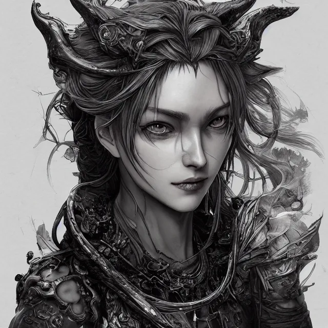 Image similar to the portrait of neutral evil fallen female dark knight vagabond as absurdly beautiful, gorgeous, elegant, sophisticated, young woman, an ultrafine hyperdetailed illustration by kim jung gi, irakli nadar, intricate linework, bright colors, octopath traveler, final fantasy, unreal engine 5 highly rendered, global illumination, radiant light, detailed and intricate environment