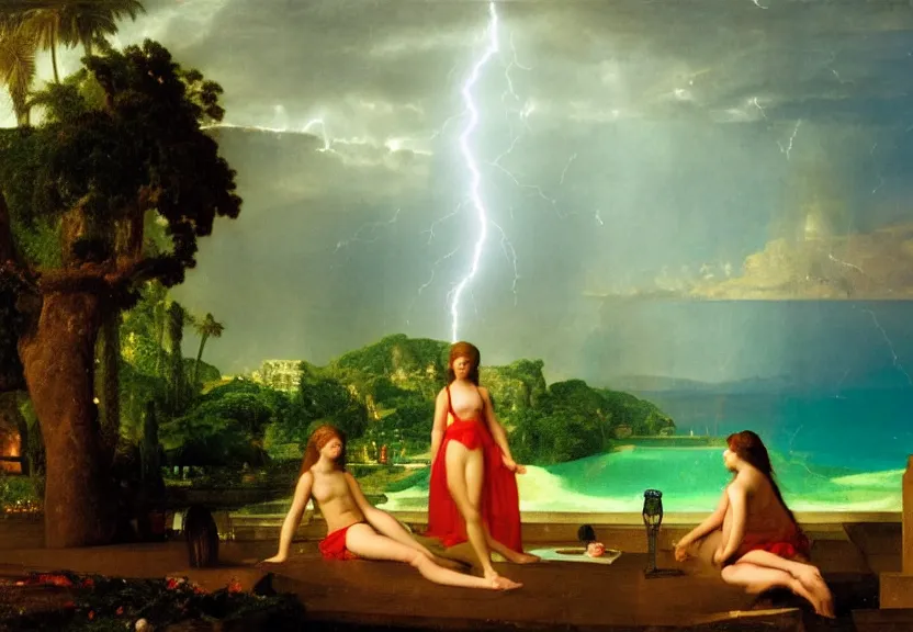 Image similar to Girl at the palace, refracted sparkles, thunderstorm, greek pool, beach and Tropical vegetation on the background major arcana sky, by paul delaroche, hyperrealistic 4k uhd, award-winning, very very very detailed