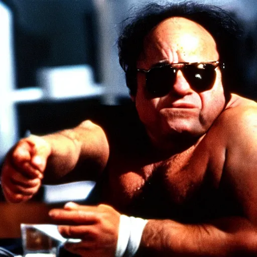 Prompt: a screenshot of Danny Devito playing The Terminator (1980s)